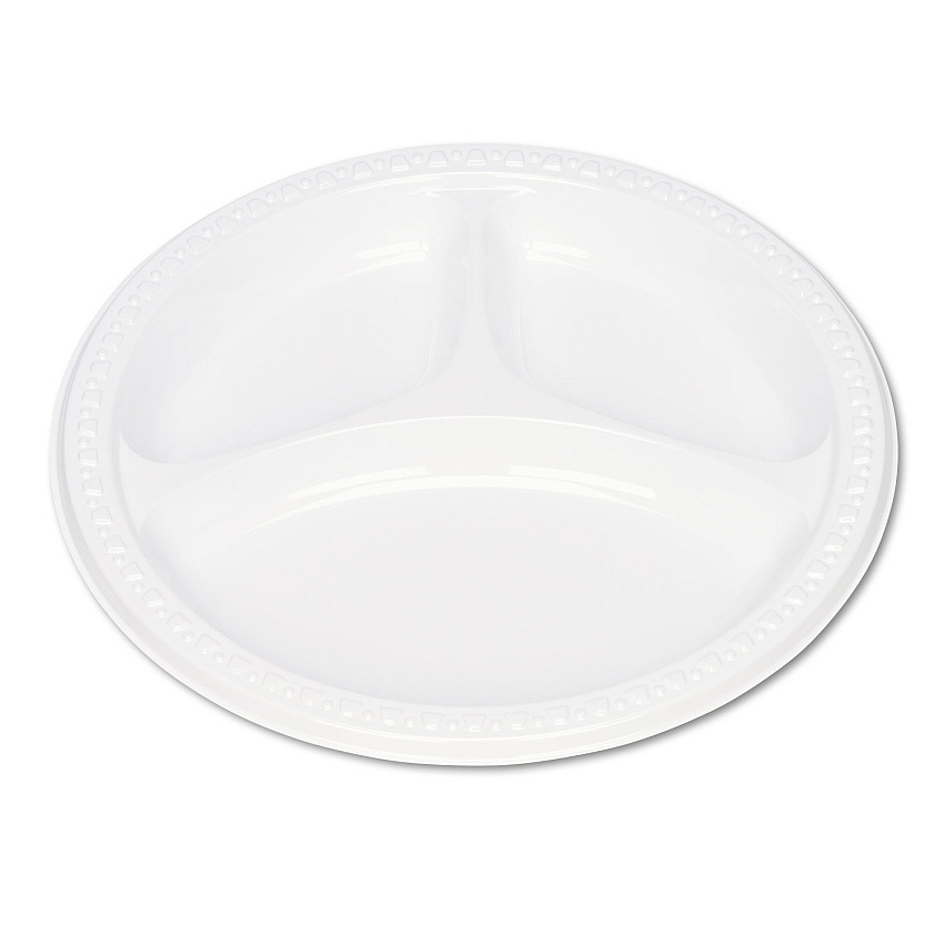 Tablemate Plastic Dinnerware, Compartment Plates, 9" dia, White, 125/Pack (19644WH)