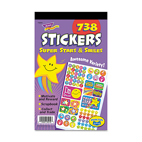 TREND Sticker Assortment Pack, Super Smiles and Stars, Assorted Colors, 738 Stickers/Pad (T5010)