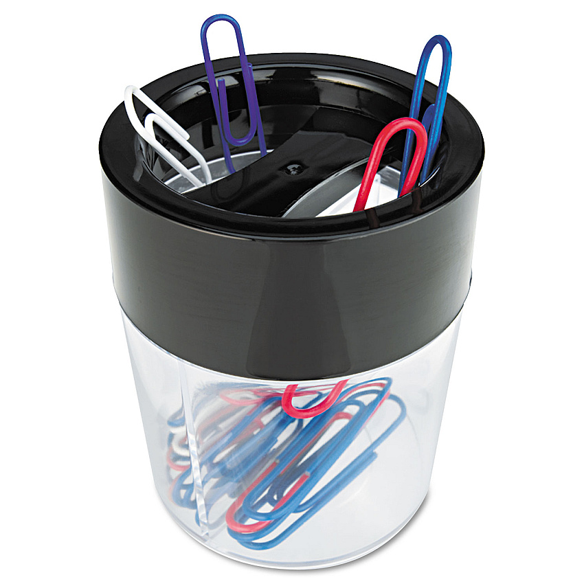 Universal Round Magnetic Clip Dispenser, 2 Compartments, Plastic, 2.5" Diameter x 3"h, Black/Clear (UNV08126)