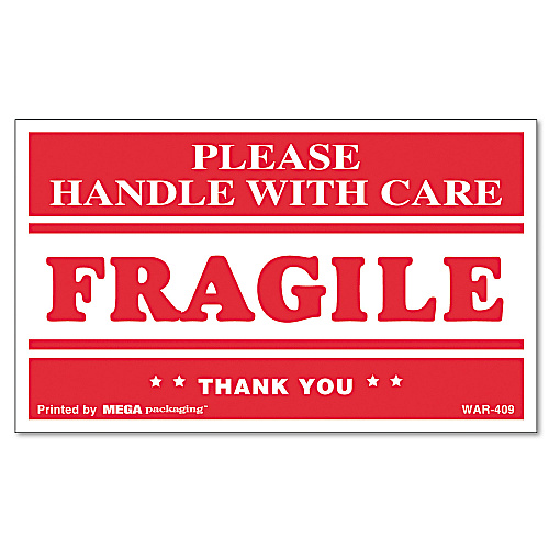 Universal Printed Message Self-Adhesive Shipping Labels, FRAGILE Handle with Care, 3 x 5, Red/Clear,