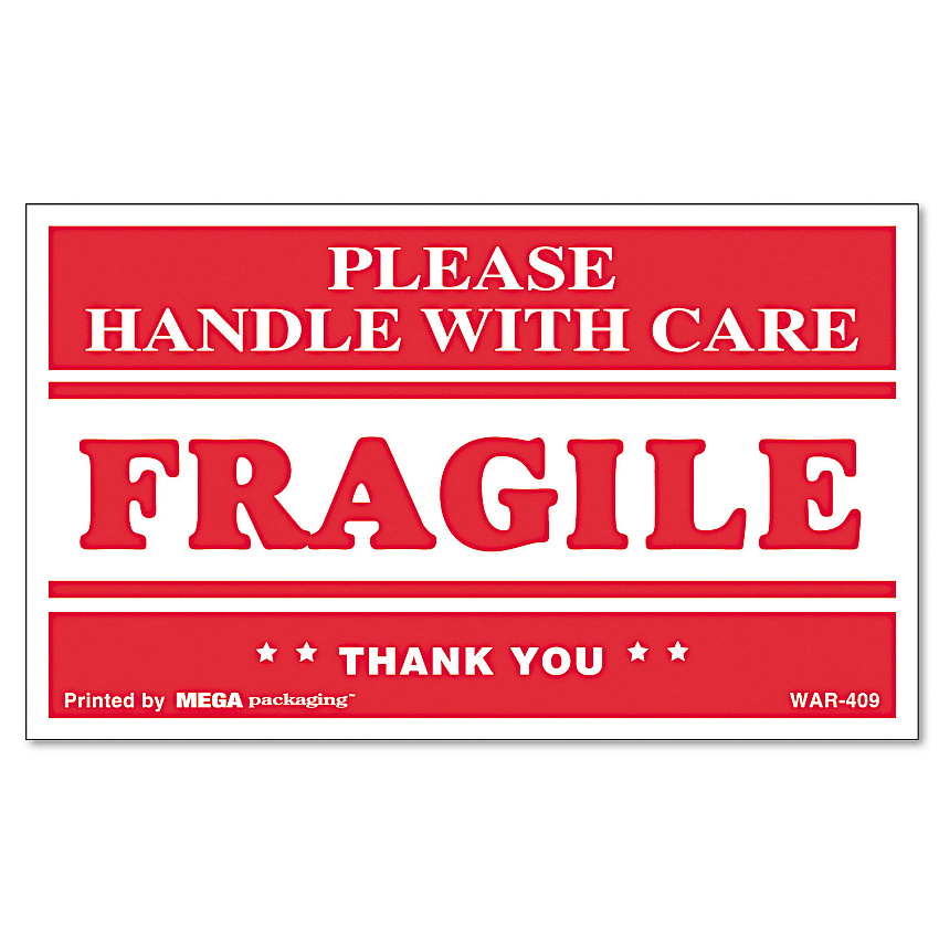 Universal Printed Message Self-Adhesive Shipping Labels, FRAGILE Handle with Care, 3 x 5, Red/Clear,