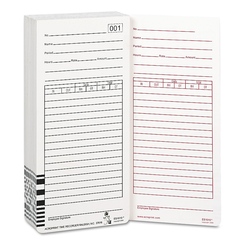 Time Clock Cards for Acroprint ES1000, Two Sides, 3.5 x 7, 100/Pack (099111000)