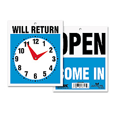 Headline Double-Sided Open/Will Return Sign with Clock Hands, Plastic, 7.5 x 9 (9382)