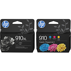HP 910 Tri-Color / 910XL Black High Yield Ink Cartridge Bundle D84BBFN
