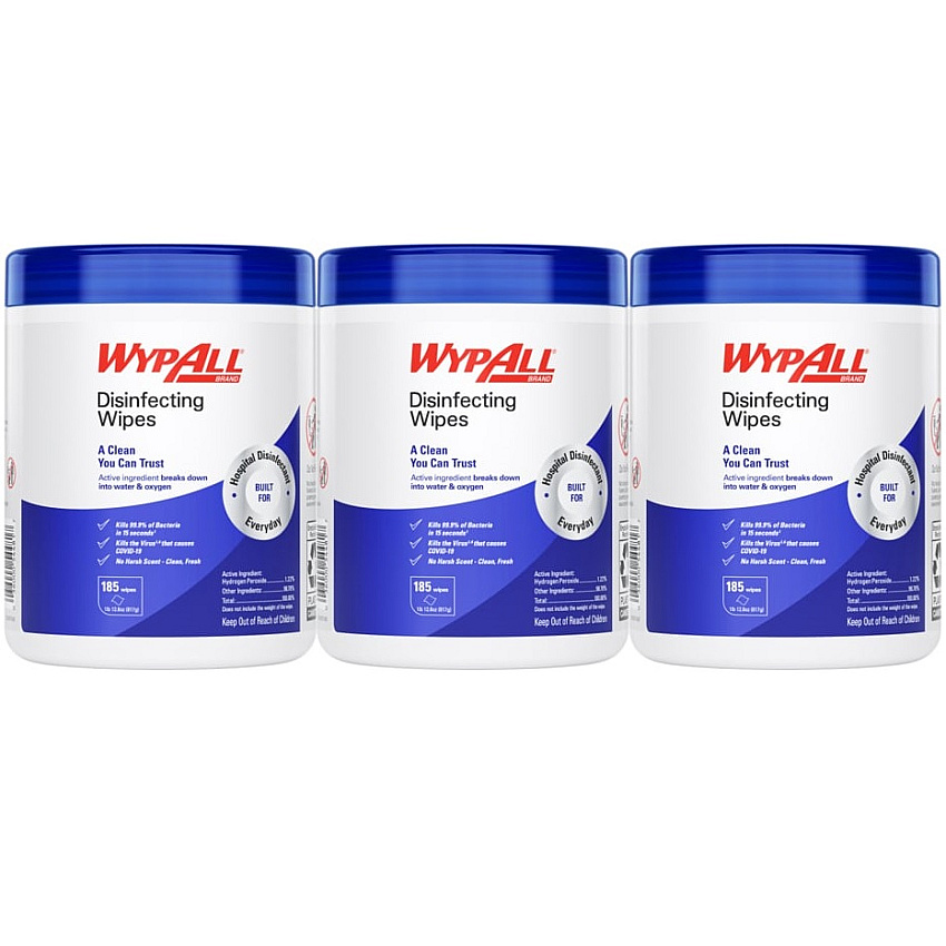 WypAll Disinfecting Wipes, 1-Ply, 5.16 x 8.5, Fresh Scent, White, 185 Sheets/Canister, 3 Canisters/Carton (54481)