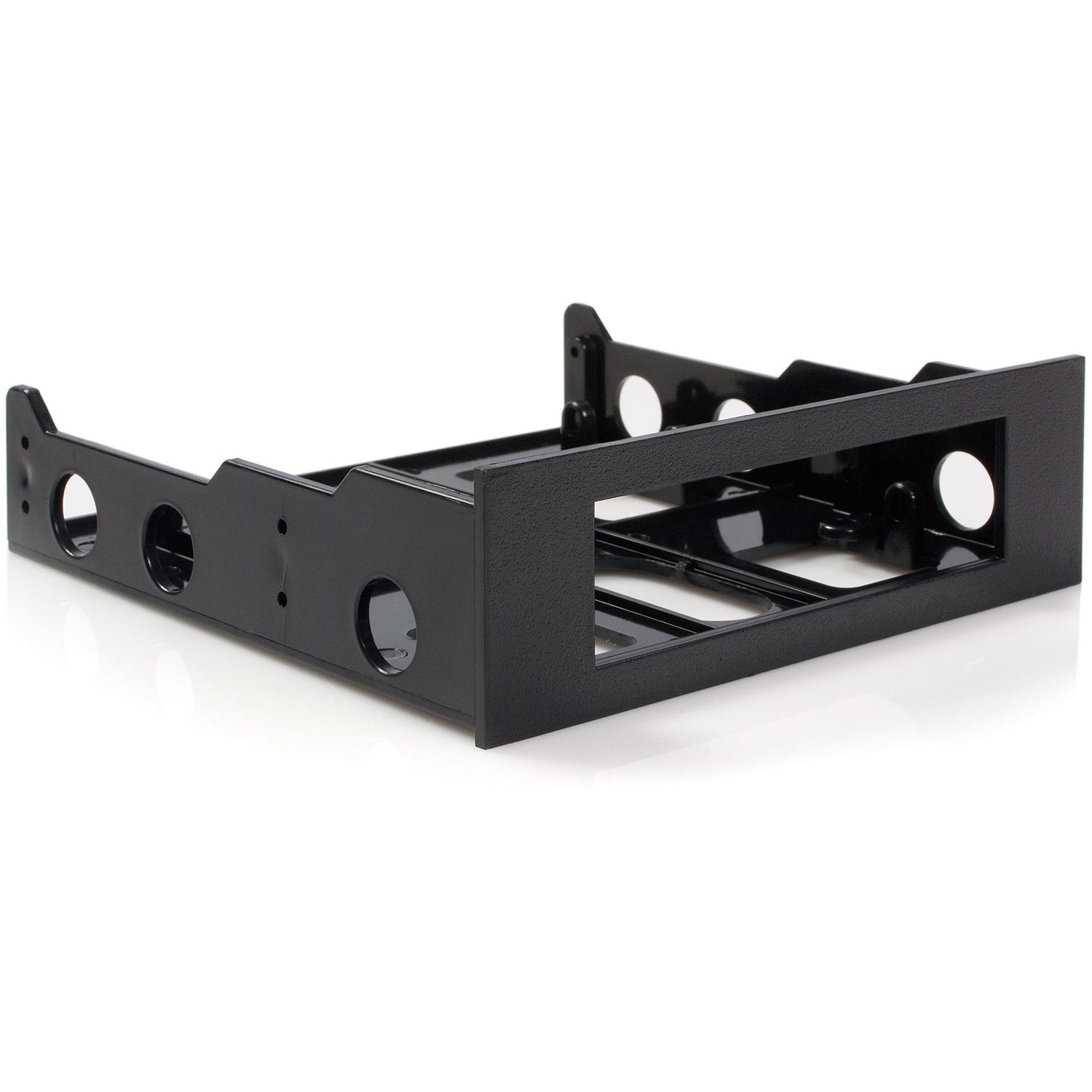 This 3.5" to 5.25" front bay mounting bracket lets you install 3.5" peripherals such as a floppy drive, external facing USB hub, media card reader or fan controller into the front bay of your desktop computer - 3.5 to 5.25 bay adapter w/ black bezel