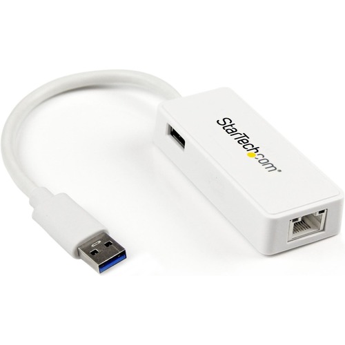 Add a Gigabit Ethernet port and a USB 3.0 pass-through port to your laptop through a single USB 3.0 port - USB 3.0 to Gigabit Ethernet Adapter with USB Port (White) - 10/100/1000 Mbps USB 3.0 LAN Adapter - External USB Network Card