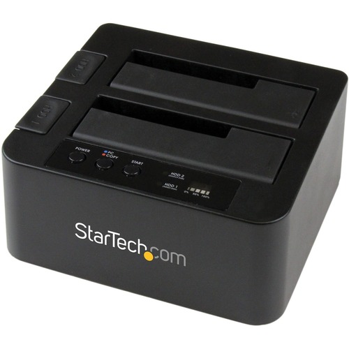 2-Bay Hard Drive Duplicator Dock; 2.5" / 3.5" SATA Drives; SATA III; Up to 22 GB/min Sector-by-Sector Entire Disk Copy; USB 3.2 Gen1 (5 Gbps); 4Kn; Top-Loading w/ Eject Buttons; Multi-Function LEDs; OS Independent; Includes eSATA and USB cables