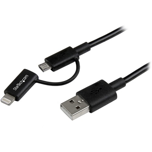 StarTech 1m (3 ft) Black Apple 8-pin Lightning Connector or Micro USB to USB Combo Cable for iPhone / iPod / iPad (LTUB1MBK) Charge or sync your Micro USB, iPhone, iPod or iPad device using a single cable - Charge your Android or Apple mobile device - 1m (3 ft) Black Apple 8-pin Lightning Connector or Micro USB to USB Combo Cable for iPhone / iPod / iPad - Black