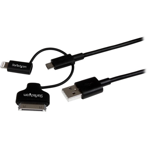 StarTech 1m (3 ft) Black Apple 8-pin Lightning or 30-pin Dock Connector or Micro USB to USB Combo Cable for iPhone / iPod / iPad (LTADUB1MB) Charge or sync a Micro USB, iPhone, iPod or iPad device using a single cable - Charge an Android or Apple mobile device - Multi Generation Apple or Micro USB Cable - Lightning / 30-pin Dock / Micro-USB to USB Cable iPhone iPod iPad - 1m, 3 ft, Black