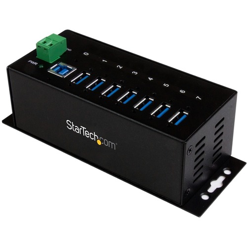 StarTech 7 Port Industrial USB 3.0 Hub with ESD (ST7300USBME) Add seven USB 3.0 ports with this DIN rail or surface-mountable metal hub - 15kV ESD Protection - DIN Rail and Wall-mountable USB Hub with Rugged Housing - Seven Port SuperSpeed USB 3 Hub - Terminal Block Power & Wide Operating Temperature