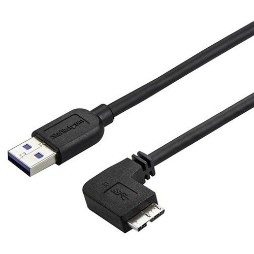Position your USB 3.0 Micro devices with less clutter and according to your configuration needs, with a thin, more flexible cable - 3 ft USB 3.0 A to Micro B Cable - M/M - 1m Slim Micro USB 3.0 Cable - Right-Angle Micro USB - USB 3.1 Gen 1 (5 Gbps)