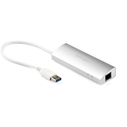 StarTech 3 Port Portable USB 3.0 Hub plus Gigabit Ethernet - Built-In Cable - Aluminum USB Hub with GbE Adapter (ST3300G3UA) Add three USB 3.0 ports (5Gbps) and a GbE port to your MacBook using this silver Apple style hub with an extended-length cable - 3 Port Portable USB 3.0 Hub + Gigabit Ethernet - Built-In Cable for Flexible Placement - Aluminum & Compact Hub w/ GbE