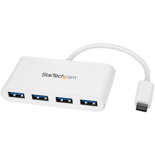 4-Port USB-C hub - USB Type-C host laptop to 4x USB-A - SuperSpeed 5Gbps (USB 3.1/3.2 Gen 1) - Portable bus powered USB C to USB A adapter hub (shared up to 15W) - OS independent - USB 3.0 hub with compact white housing - Supports USB 2.0/1.1 devices