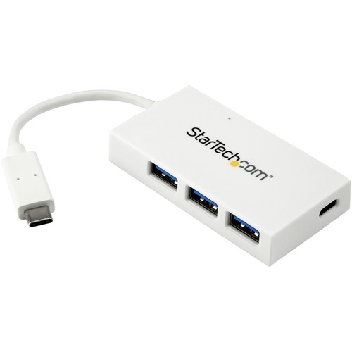 Portable 4 Port USB-C hub - USB Type-C laptop to 3 USB-A/1 USB-C - SuperSpeed 5Gbps (USB 3.0/USB 3.1/3.2 Gen 1) - USB bus powered draw up to 15W (3A/5V) total shared - OS independent - White USB C to USB A adapter hub - Works w/ Thunderbolt 3/USB 2.0