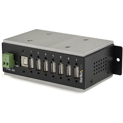 Industrial 7 port USB 2.0 hub w/USB Type-A screw lock ports 480Mbps - Rugged metal USB hub with 15kV Air/8kV Contact ESD - 350W surge protection - Ear/DIN mountable (bracket incl) - Operating temp -40F to 185F | RH 5%~95% - 7 to 48V DC power terminal