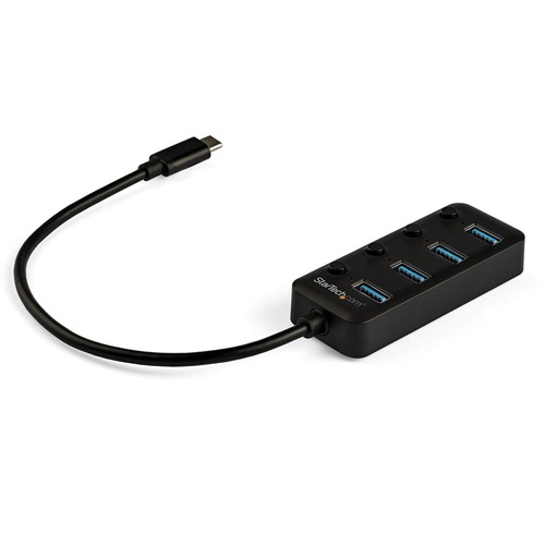 Bus-powered 4 port hub with individual port switches - USB-C to 4x USB Type-A ports - SuperSpeed 5Gbps (USB 3.2/USB 3.1 Gen 1 or USB 3.0) - 15W/3A@5V of power - On/off power switches/LEDs on each port - 9.8in (25cm) USB-C host cable - OS independent