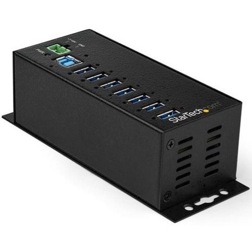 Industrial USB 3.0 hub w/ rugged metal housing. 15kV/8kV ESD protection and 350W surge protection. Mountable to desk, wall or DIN rail. Powered +7-48 volt range, 35W max (shared). 7 USB 3.0 (3.1 Gen 1) 5Gbps ports. USB cable and AC adapter included.