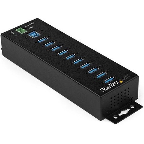 Industrial USB 3.0 hub w/ rugged metal housing. 15kV/8kV ESD protection and 350W surge protection. Mountable to desk, wall or DIN rail. Powered +7-24 volt range, 50W max (shared). 10 USB 3.0 (3.1 Gen 1) 5Gbps ports. USB cable and AC adapter included.