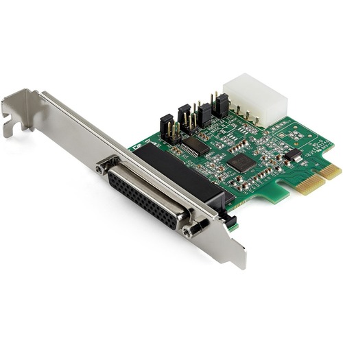 4 port PCI Express RS232 serial controller card w/16950 UART/ASIX AX99100 - Bi-directional speeds 921.6Kbps/port | 256 byte FIFO | 9th data bit - Pin 9 pwr out 5v/12v/none w/up to 2A total - Std bracket (low profile incl); Breakout cable - Win/Linux