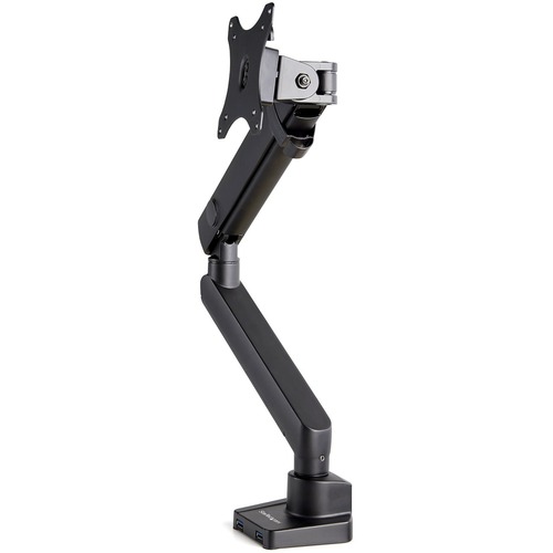 VESA 75x75/100x100mm heavy duty single monitor arm for 32in (16:9) or 34in (21:9/ultrawide) display up to 8kg; 2 USB-A 3.0 passthrough ports - Tilt/Swivel - Full motion articulating - Height adjustable desk mount monitor arm - C-clamp/grommet