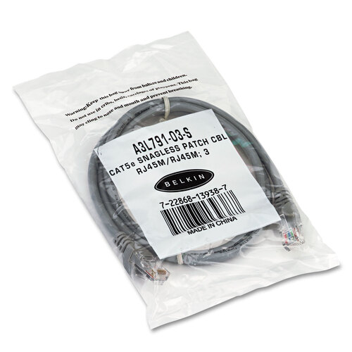 CAT5e Snagless Patch Cable, RJ45 Connectors, 3 ft., Gray