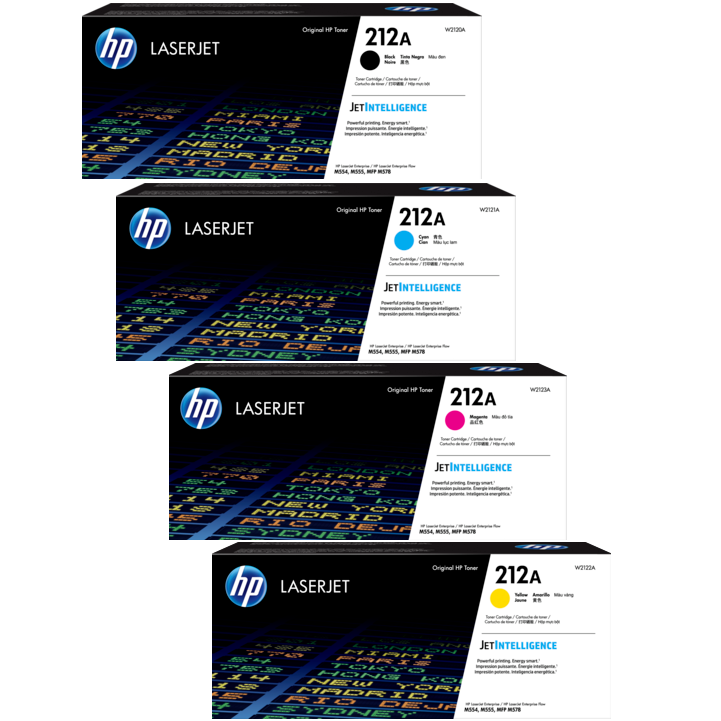 HP 212A Toner Cartridge Set HP 212A Toner Cartridge Set; Includes 1 Each of W2120A, W2121A, W2123A, W2122A (Black, Cyan, Magenta, Yellow); Yield: 5,500 Black 4,500 C/M/Y pages