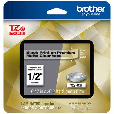 TZe Premium Laminated Tape, 1/2" x 26 1/5 ft, Black on Clear