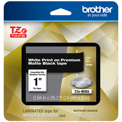 TZe Premium Laminated Tape, 1" x 26 1/5 ft, White on Black