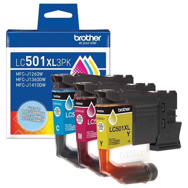 Brother LC501XL3PK 3-Pack High Yield Cyan, Magenta and Yellow Ink Cartridges LC501XL3PK Brother 3-Pack High Yield Cyan, Magenta and Yellow Ink Cartridges (500 Yield Each)