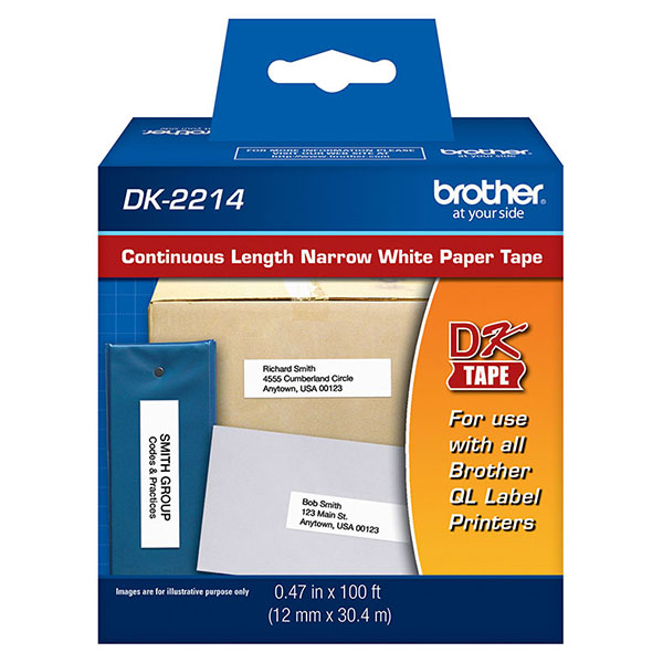 DK-2214 Continuous Length Paper Tape; 1/2 in x 100 ft Black on White