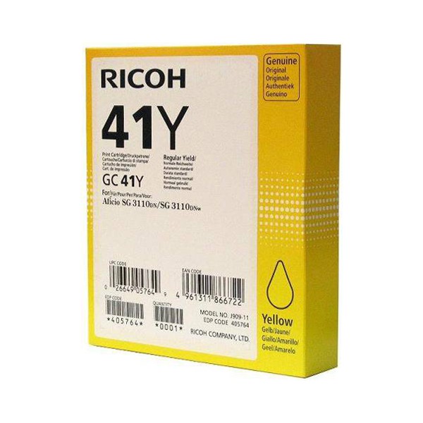 Ricoh 405764 Yellow Ink Cartridge Yellow GC41Y Print Cartridge; Yield: 2,200 pages