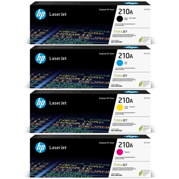 HP 210A Black, Cyan, Magenta, Yellow Toner Cartridge 4-Pack W2100AQ1 HP 210A KCYM Quad LaserJet Toner Crtg (W2100A, W2103A, W2101A, W2102A)