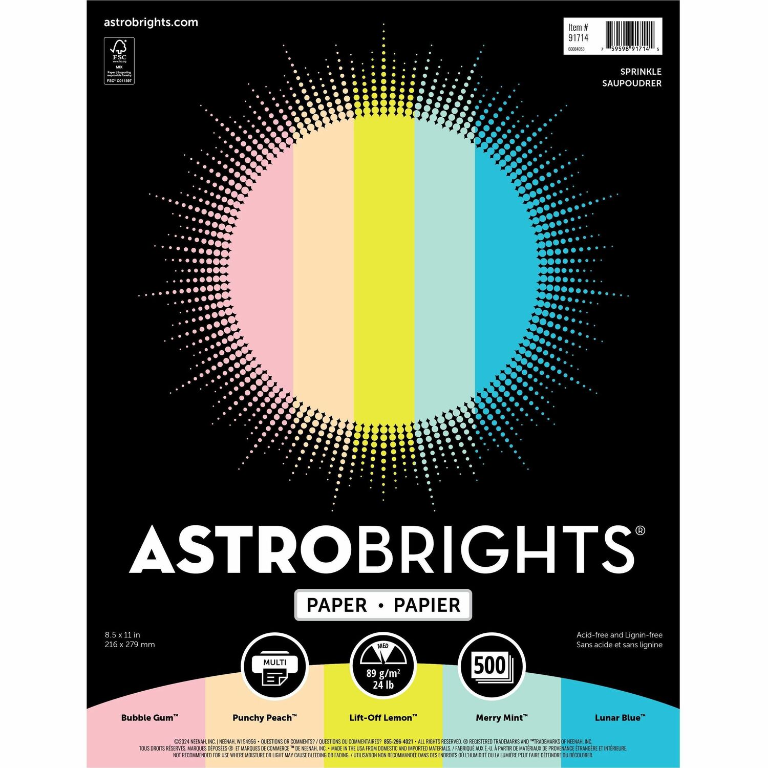 Astrobrights Astro Laser, Inkjet Copy & Multipurpose Paper (91714) Letter - 8 1/2\" x 11\" - 24 lb Basis Weight - Smooth - 500 / Ream - Bubble Gum, Lunar Blue, Merry Mint, Lift-off Lemon, Punchy Peach