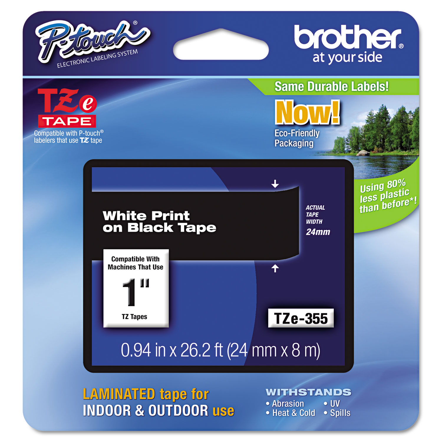 TZE-355 1" (24MM) White on Black Laminated Tape