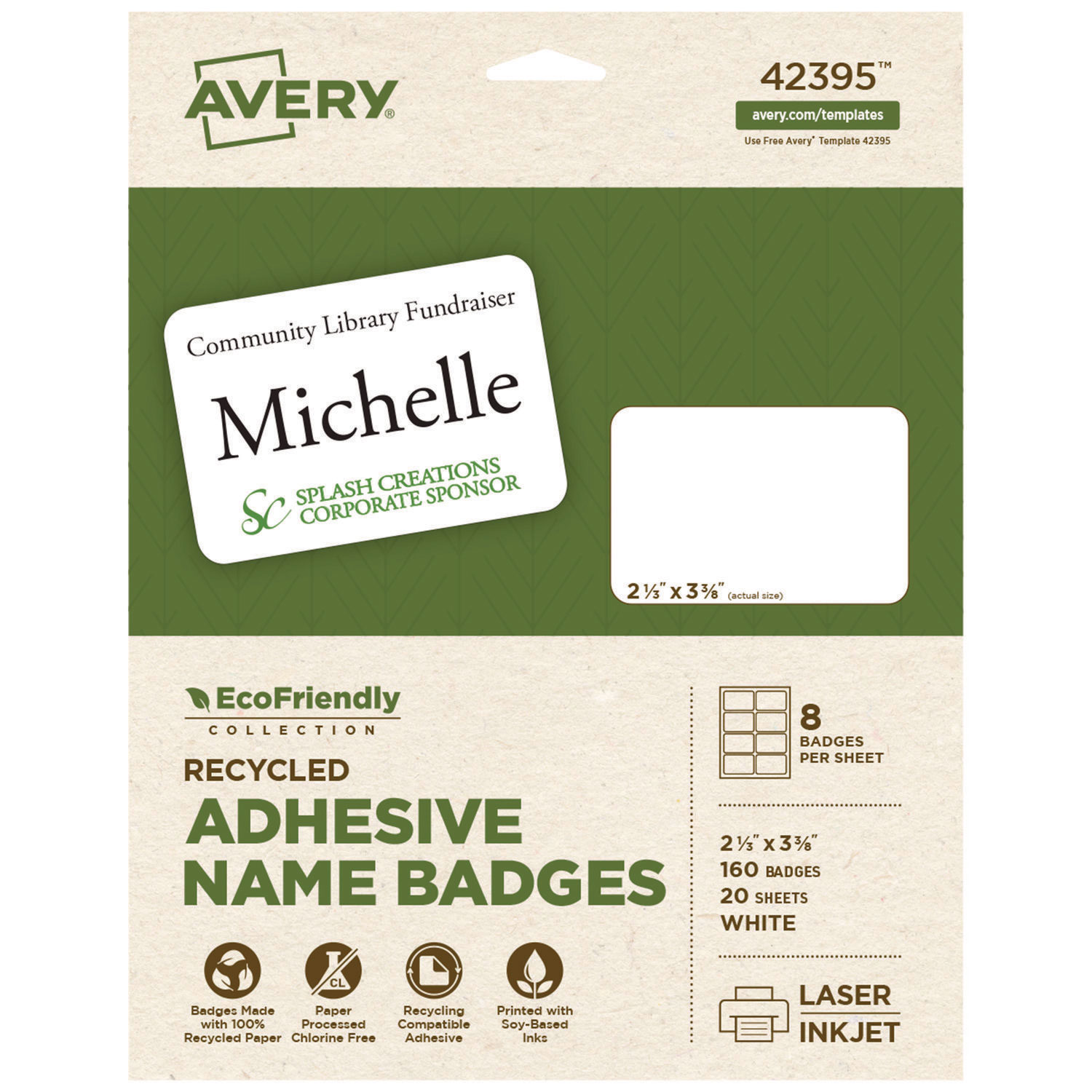 EcoFriendly Adhesive Name Badge Labels, 3.38 x 2.33, White, 160/Box