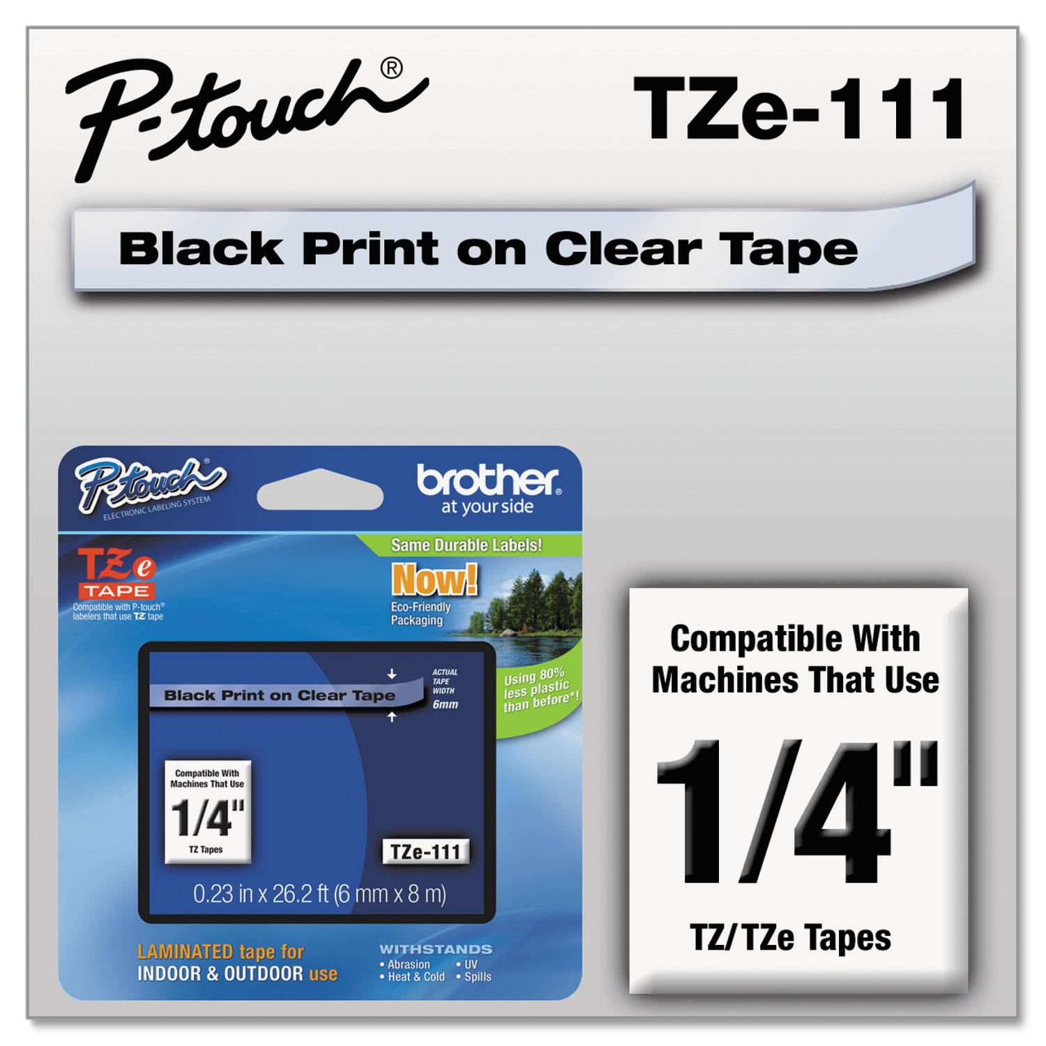 TZE-111 1/4" (6MM) Black on Clear Laminated Tape