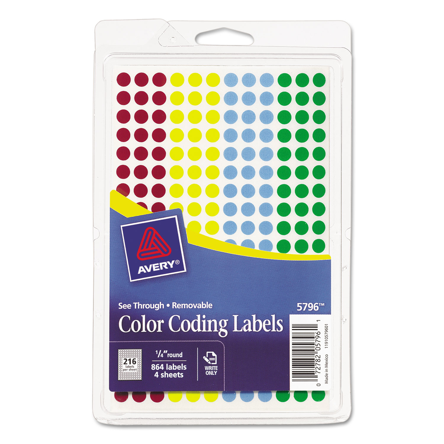 See Through Removable Color Dots, 1/4 dia, Assorted Colors, 864/Pack
