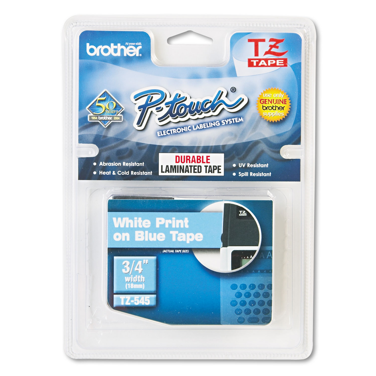 TZE-545 3/4" (18MM) White on Blue Laminated Tape