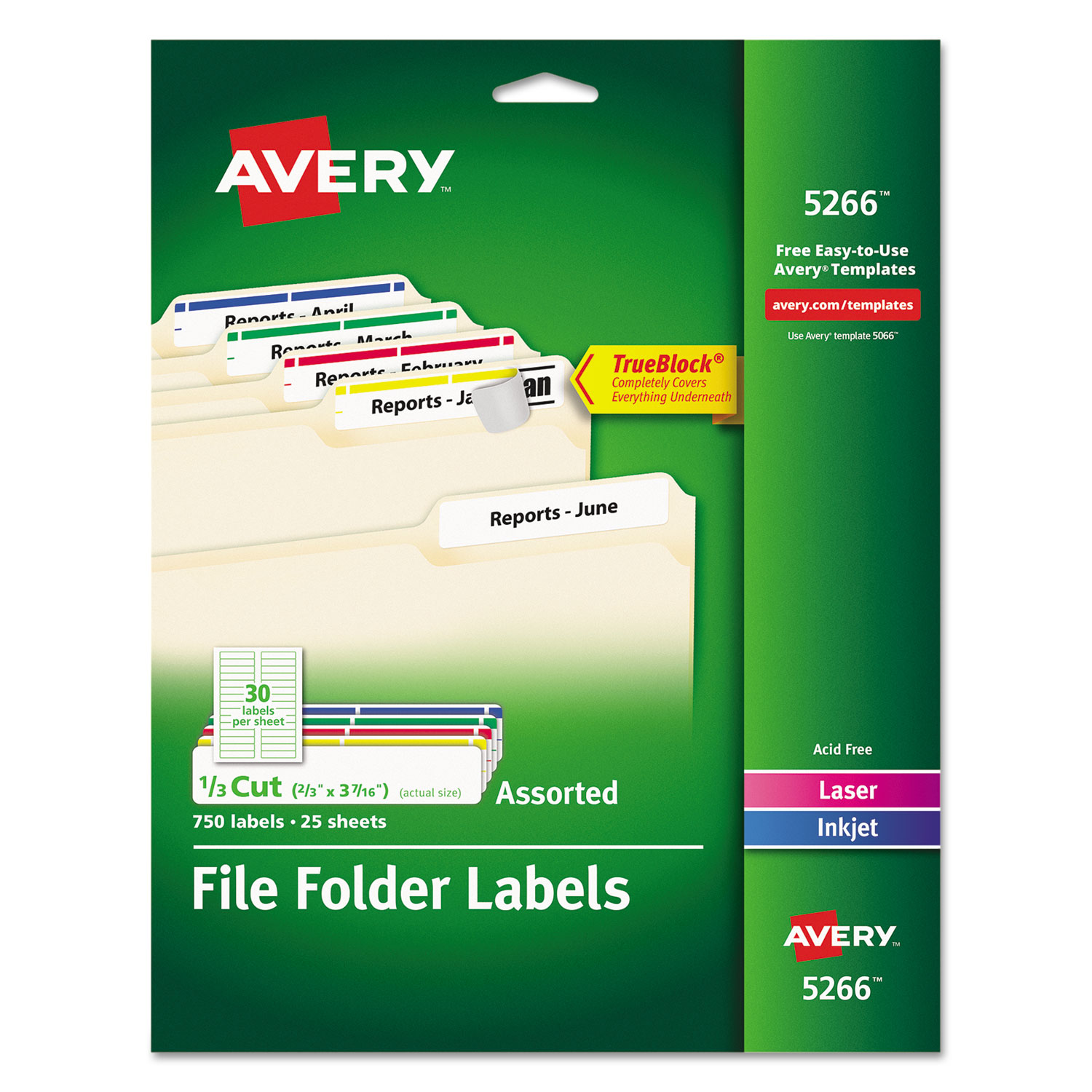 Permanent File Folder Labels, TrueBlock, Inkjet/Laser, Assorted, 750/Pack