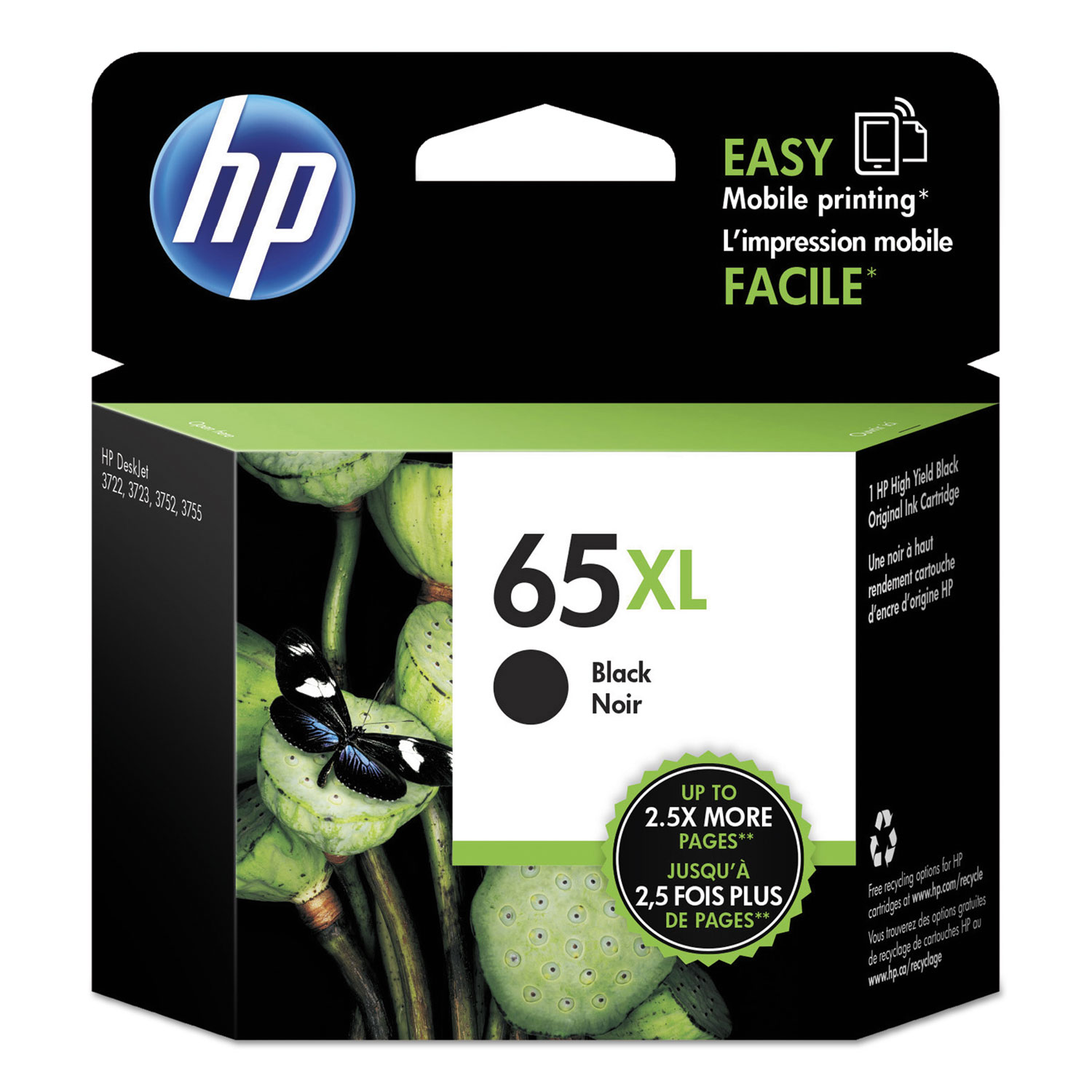 HP 65XL High Yield Black Ink Cartridge; Yield: 300 pages