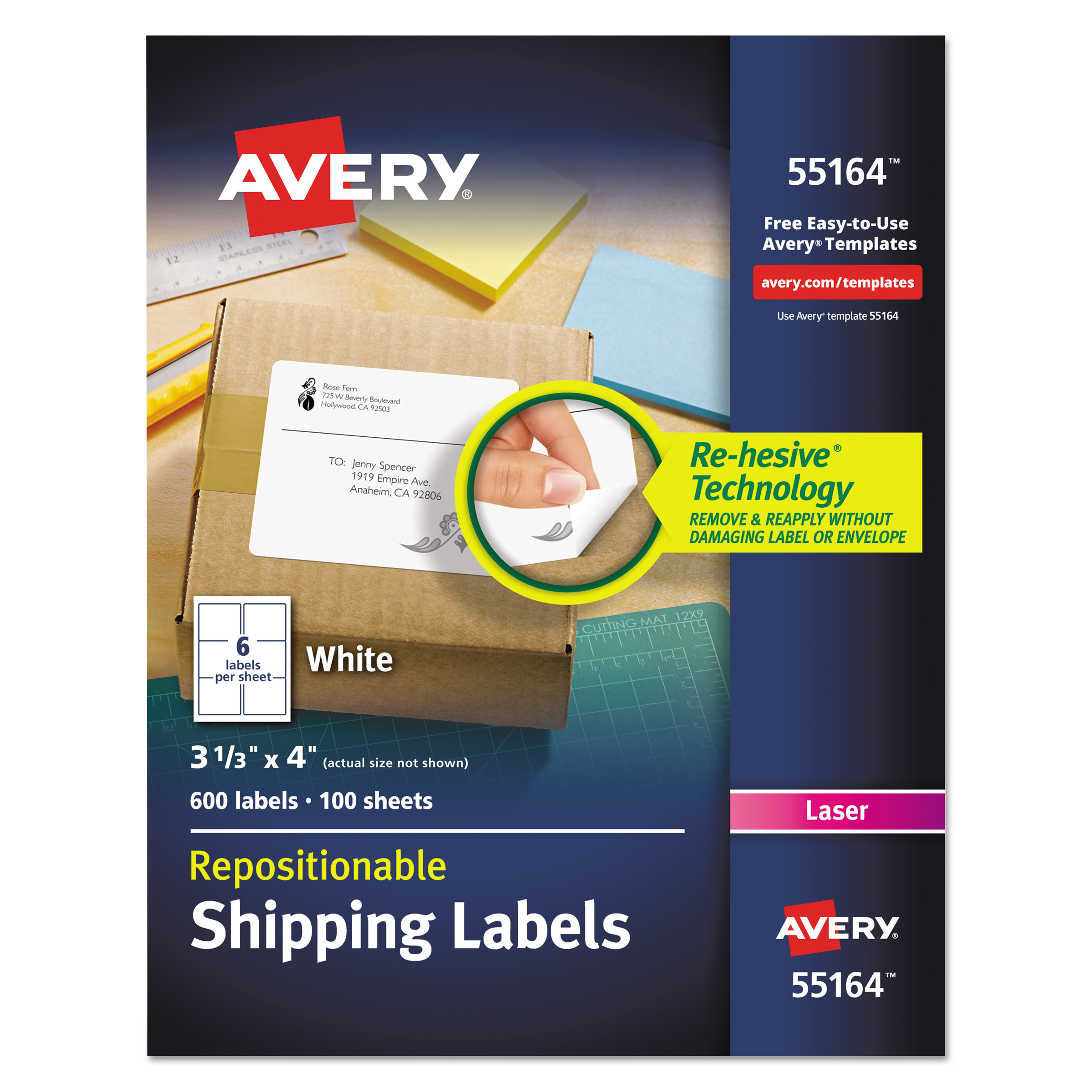 Repositionable Shipping Labels, Inkjet/Laser, 3 1/3 x 4, White, 600/Box
