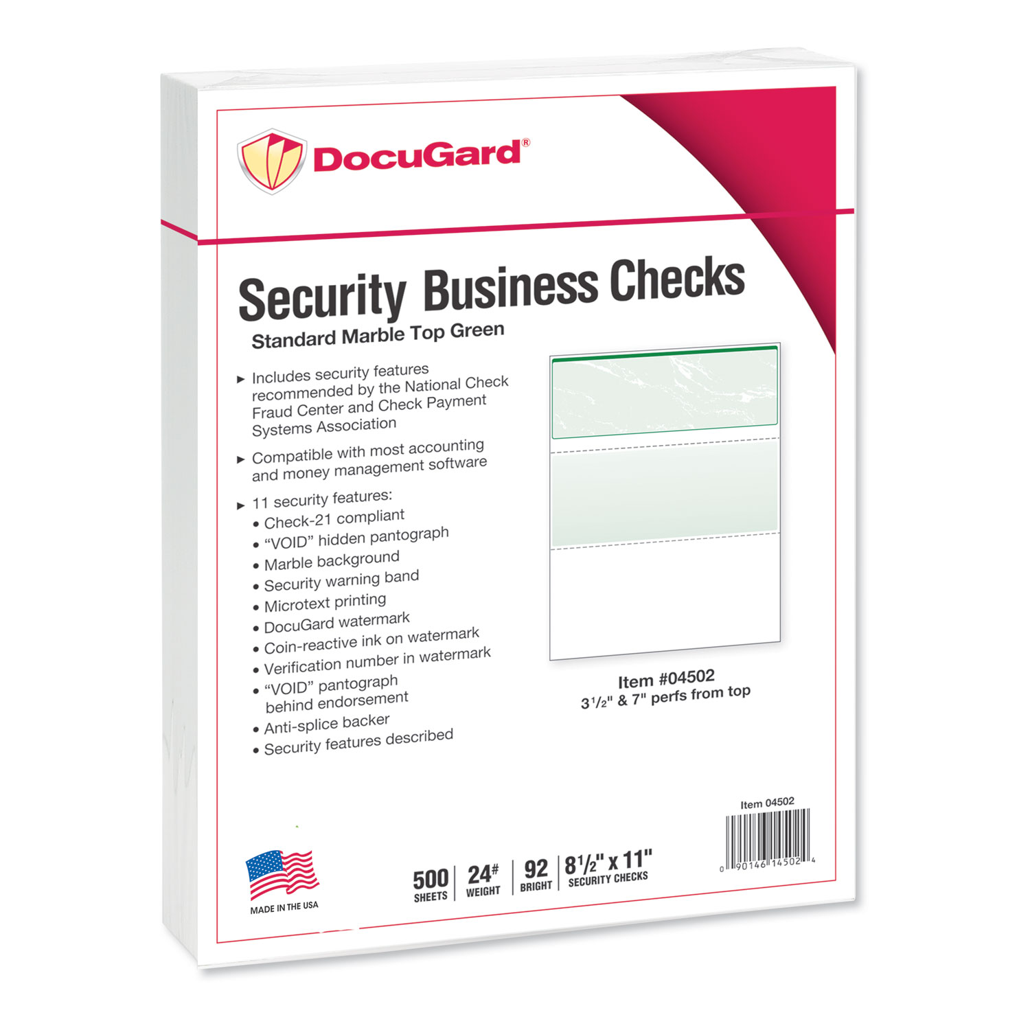 Standard Security Check, Green Marble Top, 11 Features, 8 1/2 x 11, 500/RM
