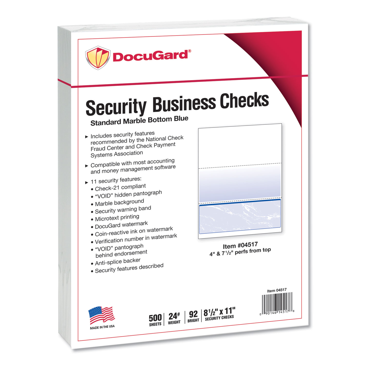 Standard Security Check, Blue Marble Bottom, 11 Features, 8 1/2 x 11, 500/RM