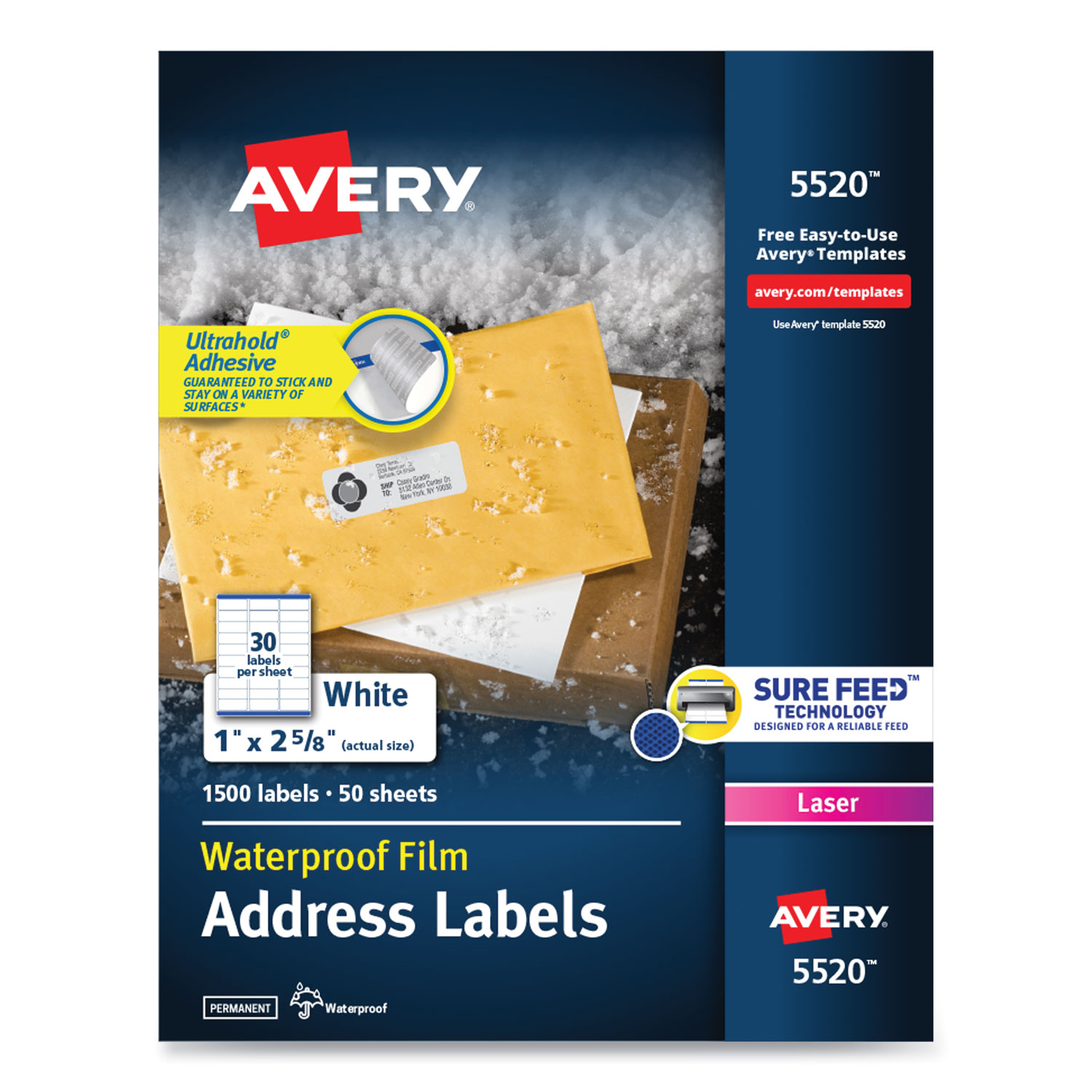 WeatherProof Addess Labels w/TrueBlock, Laser, White, 1 x 2 5/8, 1500/Pack