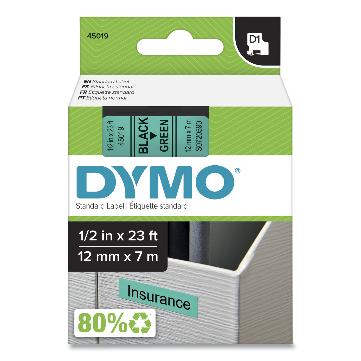 1/2" (12 mm) Standard D1 Labels, green with black type, 23' long, 1 roll per package