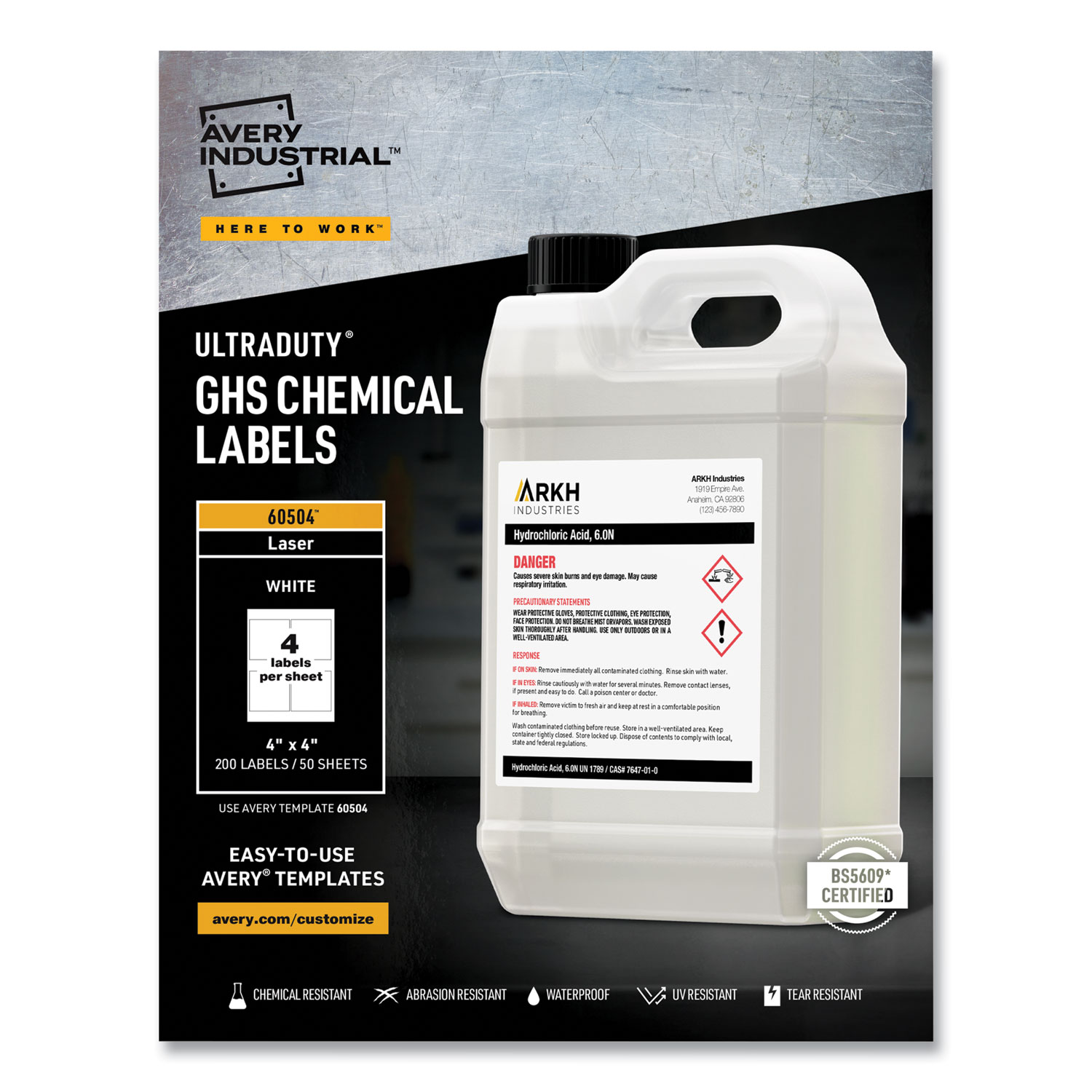 Easy Peel UltraDuty GHS Chemical Labels, Laser, 4 x 4, White, 200/Box