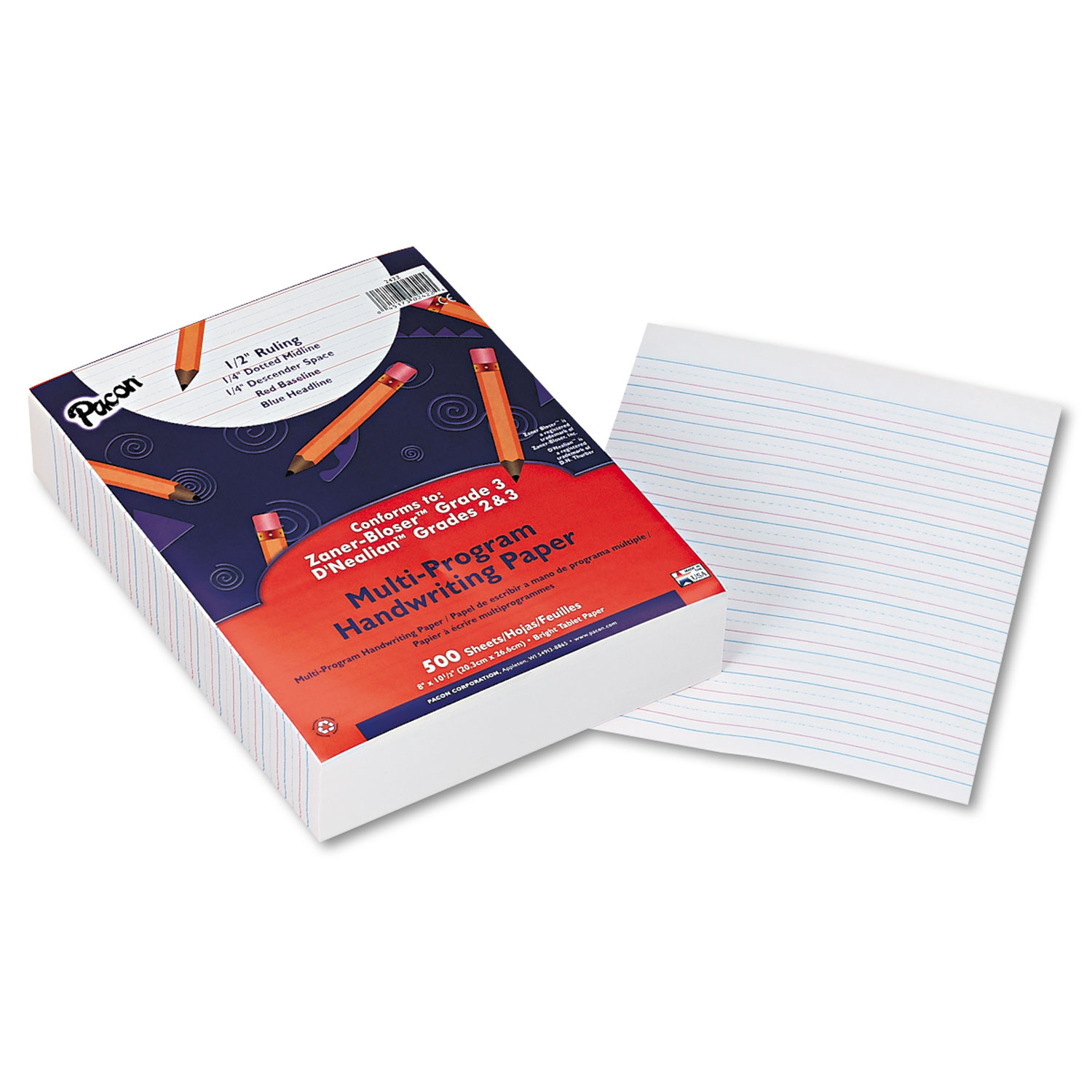 Multi-Program Handwriting Paper, 16 lb, 1/2\" Short Rule, One-Sided, 8 x 10.5, 500/Pack