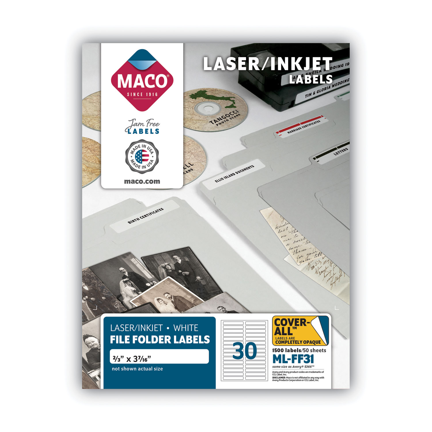 Laser/Inkjet White File Folder Labels, 0.66 x 3.44, White, 30/Sheet, 50 Sheets/Box