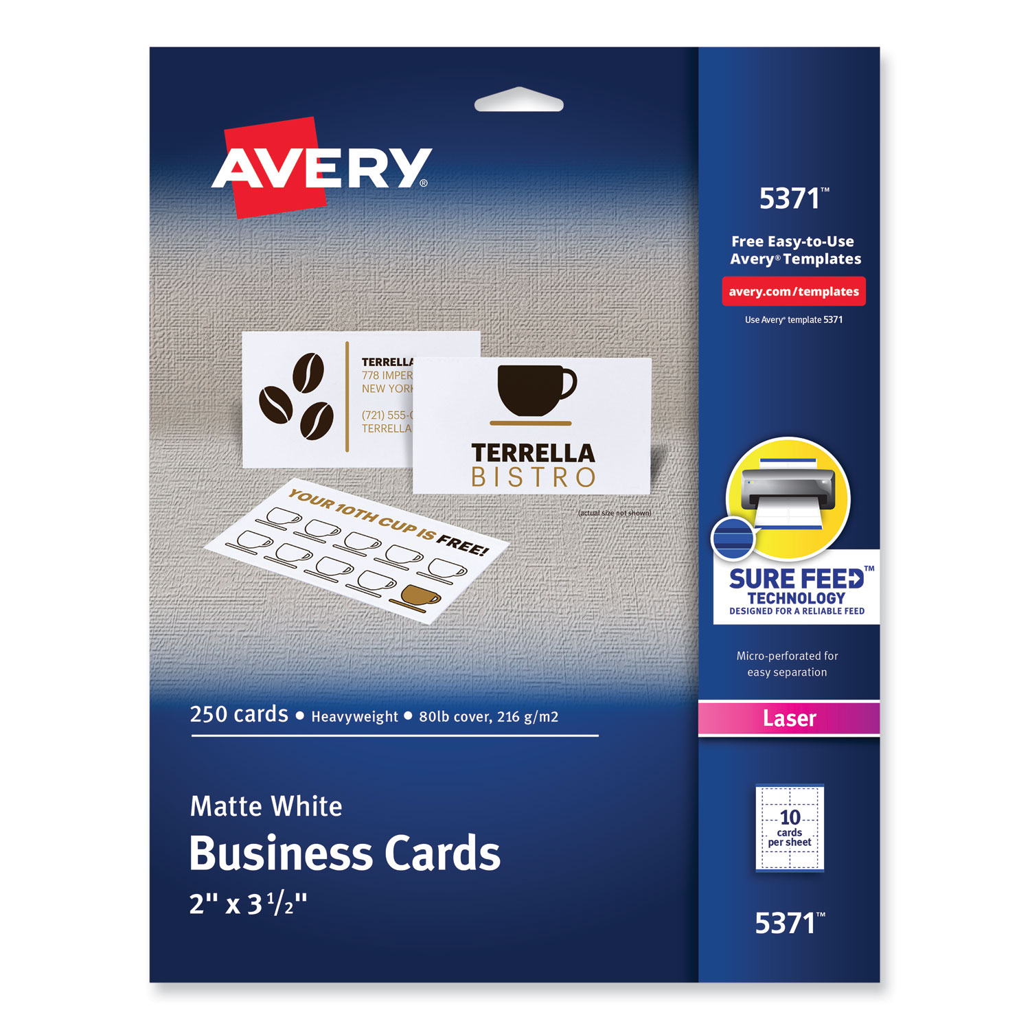 Printable Microperf Business Cards, Laser, 2 x 3 1/2, White, Uncoated, 250/Pack